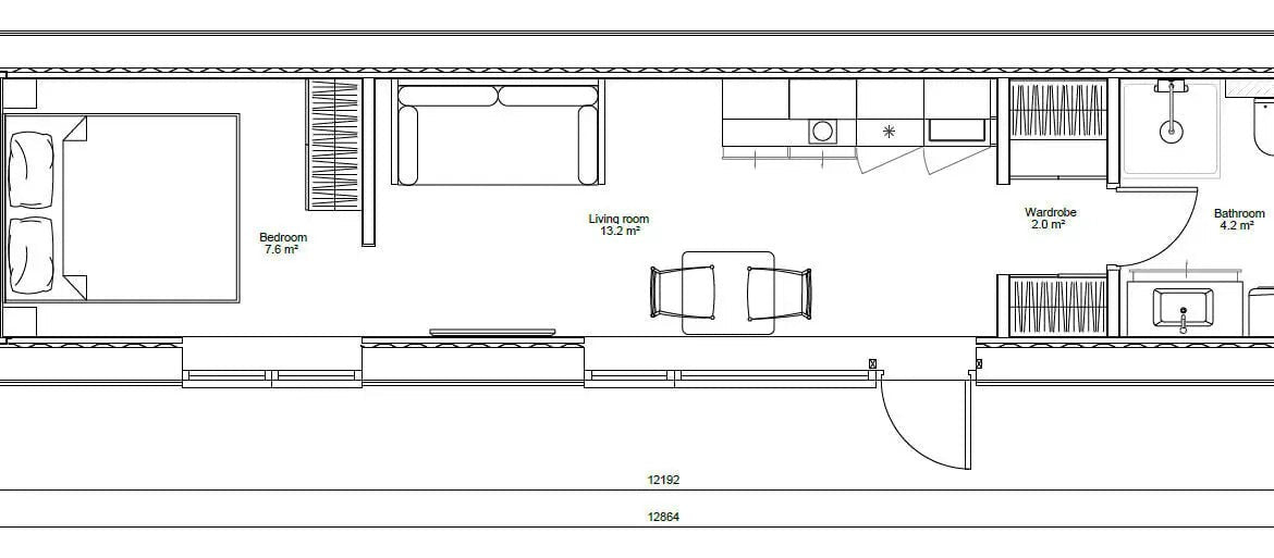 casa modular EVO XS 12,19 m por 2,3 m